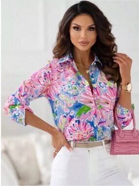 Floral Pink Button-Up Shirt - Women's Collared Top. Plus Size Available